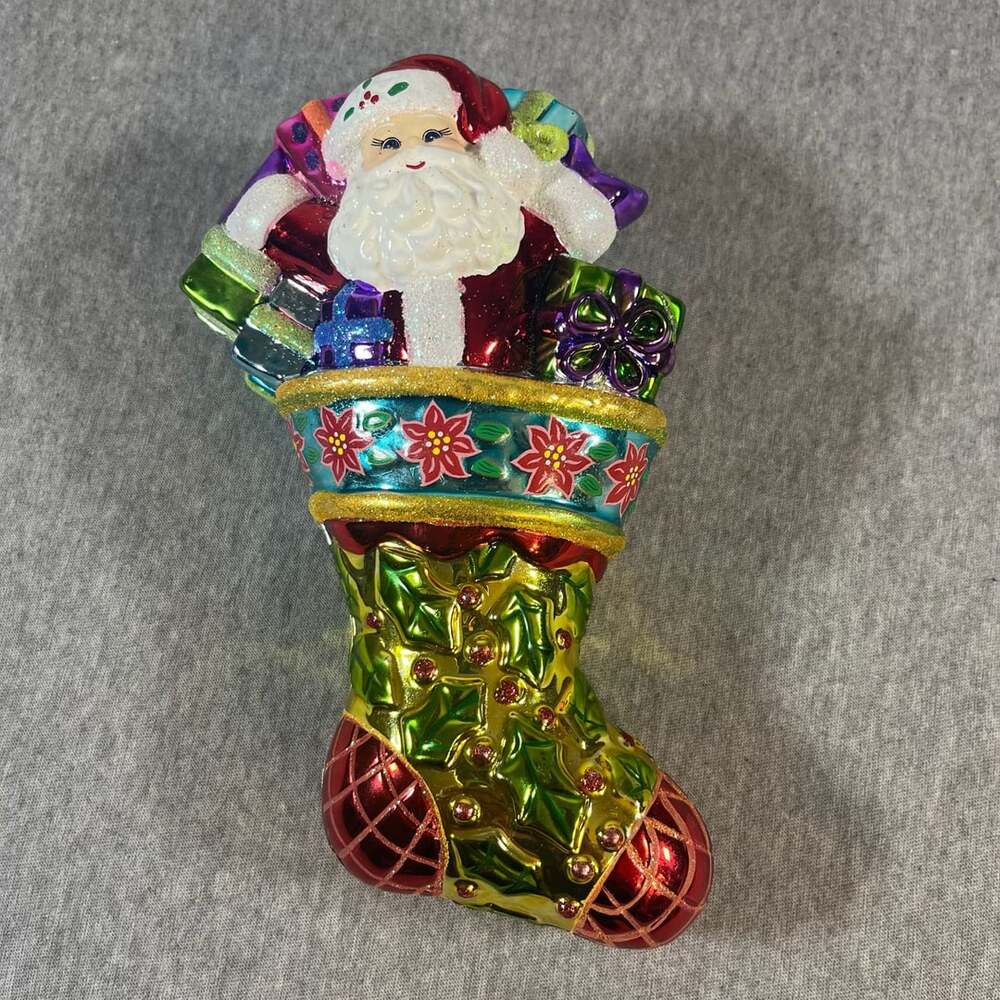 Vintage 2004 Christopher Radko Holly Sock Surprise 8 Inch Ceramic Candy Box